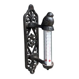 20.5cm Vintage Style Cast Iron Outdoor Wall Mounted Garden Thermometer with Bird