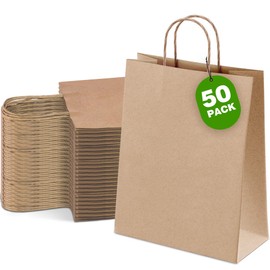 Ginkgo 50 Pcs Gift Paper Bags, 8x4.25x10.25 Brown Kraft Paper Bags with Handles Bulk Medium Size for Wedding Parties, Favors, Businesses