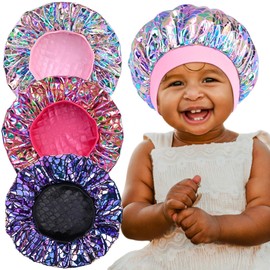 3 Pieces Kids Satin Bonnet Glitter Wide Elastic Band Sleeping Cap Soft Silk Double Layer Night Hair Hats for Teens Toddler Child Baby