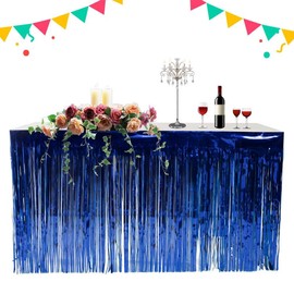 PUZINE 2 Pack Metallic Foil Fringe Table Skirt Tinsel Party Table Skirt Banner for Parade Floats Mardi Gras Party Decoration（L108 inH 29in） (Blue, 2pack)