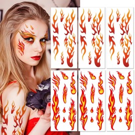 6 Sheets Flame Temporary Tattoo Sticker for Women Men,Face Body Arm Makeup Decoration Realistic Waterproof Transfer Tattoos for Halloween Festival Cosplay Decor (6, Mixed Orange 2, Medium)