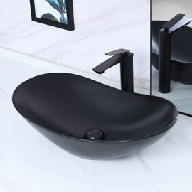 Davivy 24.5'' X 13.8'' Large Matte Black Oval Vessel Sink with Pop Up Drain,Boat Shape Bathroom Vessel Sink,Bathroom Sinks Above Counter,Matte Black Ceramic Vessel Sinks for Bathrooms (Large)