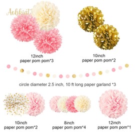 AOBKIAT Wedding Baby Shower Decorations Set,15PCS Pink Gold Tissue Paper Pom Poms,Circle Dots Colorful Paper Garland String Hanging Backdrop for Birthday Party,Gender Reveal Celebration Decor