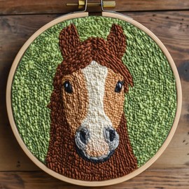 DIY Punch Needle Kits for Beginners Brown Horse with Hoop Embroidery Punch Needle Starter Craft Set Easy for Adults and Children Festival Gift and Decoration 20x20cm-2