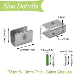 UFURMATE Glass Clamp, 8Pcs Adjustable Square Glass Shelf Brackets 201 Stainless Steel Glass Clamp Clips Wall Mounted Brushed Glass Holder Supports Mounting Brace for 5-10mm Thick Glass Shelves