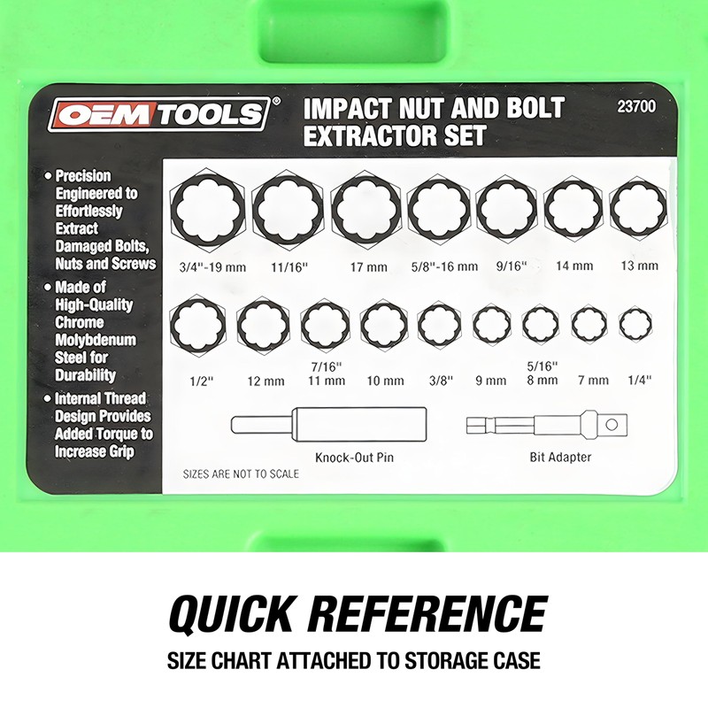 OEMTOOLS 23700 18Pc CrMo Impact Nut and Bolt Extractor Kit,
