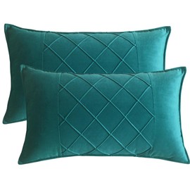 Lutanky Velvet Cushion Covers Peacock Green Decorative Rectangle Throw Pillow Cases Patchwork Design Soft Pillow Covers for Sofa Bedroom Home Accessories 12x20 Inch 30 x 50 cm (Pack of 2)