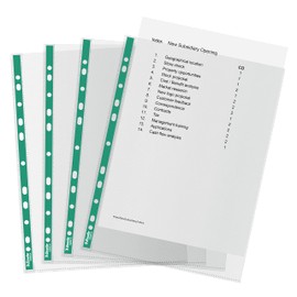 Esselte A4 Punched Pockets, 100 x Poly Pockets, 34 Micron Thickness, Clear Embossed A4 Pockets With Punched Reinforced Green Spine, Ideal For Lever Arch Files & Ring Binders (Pack of 100), 628531