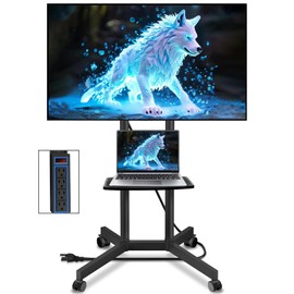 Rolling TV Stand with Power Outlet for 32-75 Inch TVs Up to 110 lbs, Mobile TV Cart on Wheels with Height Adjustment,Rolling TV Mount with Shelf for Outside Patio Home Office (With Power Outlet+Shelf)