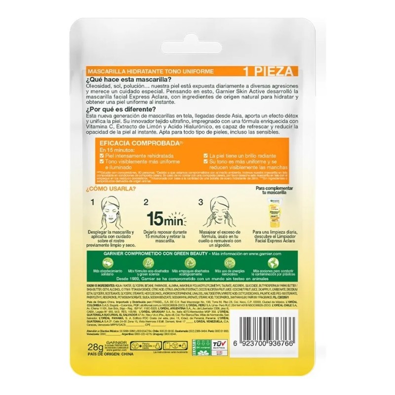 Mascarilla Facial En Tela Garnier Skin Active Express Aclara Anti-Manchas