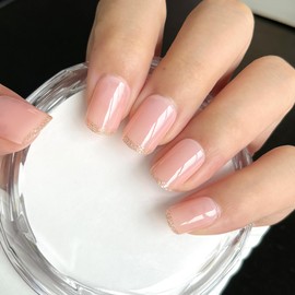 AddFavor French Tips Press on Nails Short Square Fake Nails Full Cover Glossy Acrylic Artificial False Nail Tips for Women and Girls, 24pc Gold French Nails, 12 Sizes