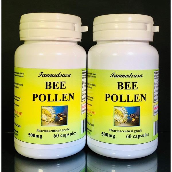 Bee Pollen 500mg, Made in USA - Various Sizes (2 Bottles - 120 [2x60] Capsules)
