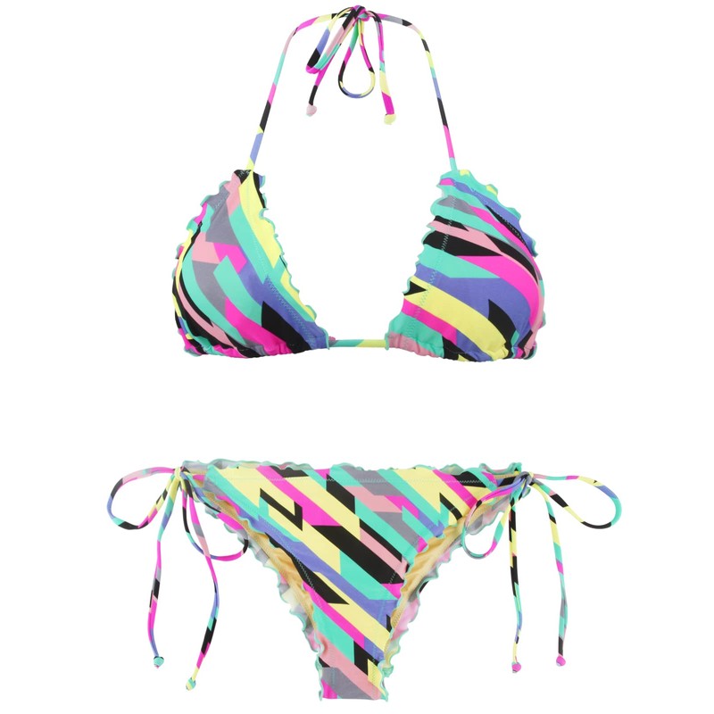 RELLECIGA Women's Wavy Triangle Bikini Set Brazilian Swimwear (Large,Neon Striped)