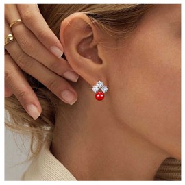 Allereya Vintage Red Pearl Earrings Crystal Square Earrings Red Pearl Drop Earrings Geometric Rhinestone Stud Earrings Jewelry for Women and Girls (White)