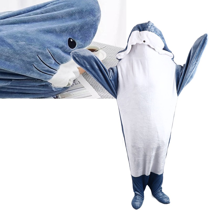 Wearable Shark Sleeping Bag Soft Cozy Flannel Hooded Blanket for