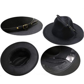 FGSS Girls Felt-Fedora-Hat Classic Wide Brim Belt-Buckle Panama Hat for Kids 7-15 Years Black