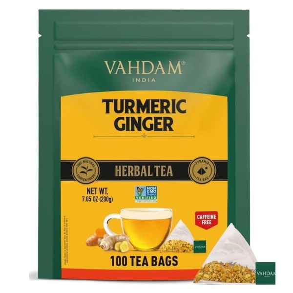 VAHDAM, Turmeric Ginger Tea Bags (100 Pyramid Tea Bags) Caffeine Free, Blend of 100% Real Spices - Turmeric Tea, Ginger Tea | Powerful Superfood, Herbal Tea