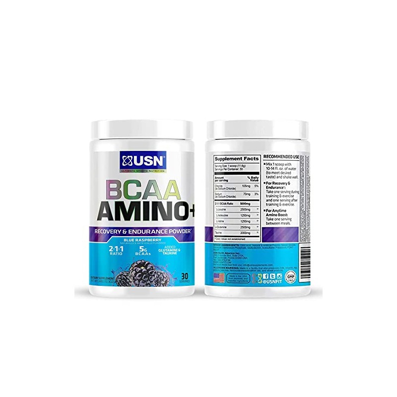 USN Suplementos BCAA Amino + Suplemento, Frambuesa Azul, 11 oz