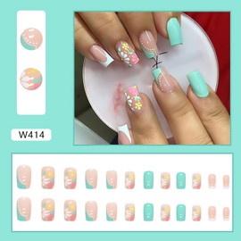 SINSEN Flowers Press on Nails, Glossy Medium Square Fake Nails, Fresh Green Full Cover False Nails with Cute Flower Designs, Artificial Stick on Nails French Tip Static Nails for Women&Girls 24PCS