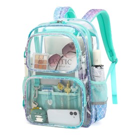 Sisipoet Clear Backpack for Girls, Heavy Duty PVC Transparent Bookbag for School, Funny Kids Backpacks with Mermaid Print, Blue
