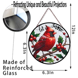 Christmas Cardinal Glass Window Suncatcher Let It Snow Red Bird Hanging Ornament with Berries Reinforced Glass Wall Xmas Party Home Birthday Sun Catcher Gift Decor