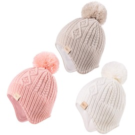 XOMZG Baby Beanie Hat, Winter Warm Knit Cap with Pom Pom for Girls, Toddler Winter Hat（0-36months） 3pcs