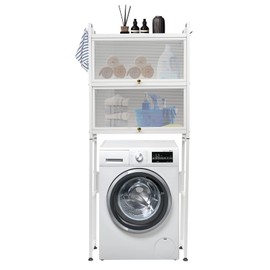 CeRaBuRET Over The Toilet Bathroom Storage Cabinet, Wood Metal Space Saver Stand Behind Toilet, Industrial Freestanding Bathroom Rack Above Toilet with Shelf for Toilets, Balconies (White)