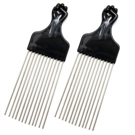 Luxxii (2 Pack) 8" Long Black Fist Metal Afro Pick Lift Hair Comb Detangle Wi...