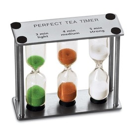 Lily's Home 3-in-1 Perfect Tea Timer, Includes 3, 4, and 5 Minute Sand Hourglass Timers, Use for Making Tea or Keeping Time Around the Kitchen, Brushed Stainless Steel Frame (3.75" Tall)