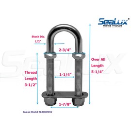SeaLux Marine Boat Bow Eye Stern Eye U Bolt Tie Down 1/2" Stock, 5-1/4" Overall Length, 3-1/2" Thread Length with Hex Nuts and washers