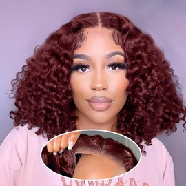 Amygirl Wear and Go Glueless Wigs Human Hair Pre Plucked Pre Cut Bob 4x4 Curly Wave Lace Front Wigs Human Hair 180% Density No Glue Human Hair Wigs for Black Women, Burgundy, 10 Inch