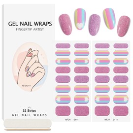 32PCS Semi-Cured Gel Nail Strips EBANKU Nail Polish Stickers Long-Lasting Semi-Cured Gel Nail Wraps Full Nail Polish Wraps Shiny Nail Decors Gel Nail Art Stickers UV/LED Lamp Required (Rainbow)