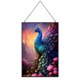 Stained Glass Window Hanging,Large Stained Glass Suncatcher,Window Haing Decor,Suncatcher Panel with Chain for Wall or Windows,Beautiful Gifts for Women,Peacock Suncatcher(10 * 15")