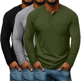 Neer 3 Pack Men's Big and Tall Henley T-Shirts L-5xl, Long Sleeve Cotton Pocket Oversized Tops Casual Soft Loose Basic Tees(Army Green, Light Gray, Black,3X-Large)