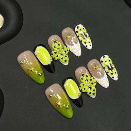 10Pcs Handmade Press On Nails Medium Almond Fake Nails 3D Flower With Star Gradient Design French Tip False Nails Full Cover Acrylic Glossy Stick On Nail Floral Glue On Nail For Women Girls (SIZE:M)
