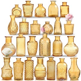 KOIUEYW Amber Gold Glass Bud Vases Set of 24, Vintage Small Vases for Flowers, Clear Crystal Mini Vases Bud Vases in Bulk, Small Flower Vases for Centerpieces Wedding Decorations Home Party Decor