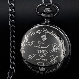 Tiong Husband Gifts for Fathers Day Engraved Pocket Watch for Anniversary Birthday Gift Men's Quartz Pocket Watch with Chain(Black)