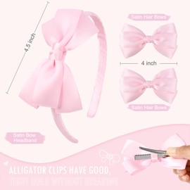 DEEKA Light Pink Bow Headband & 2 Pcs Satin 4 Inch Hair Bows Set Uniform Hair Accessories Hair Band for Little Toddler School Girls -Light Pink