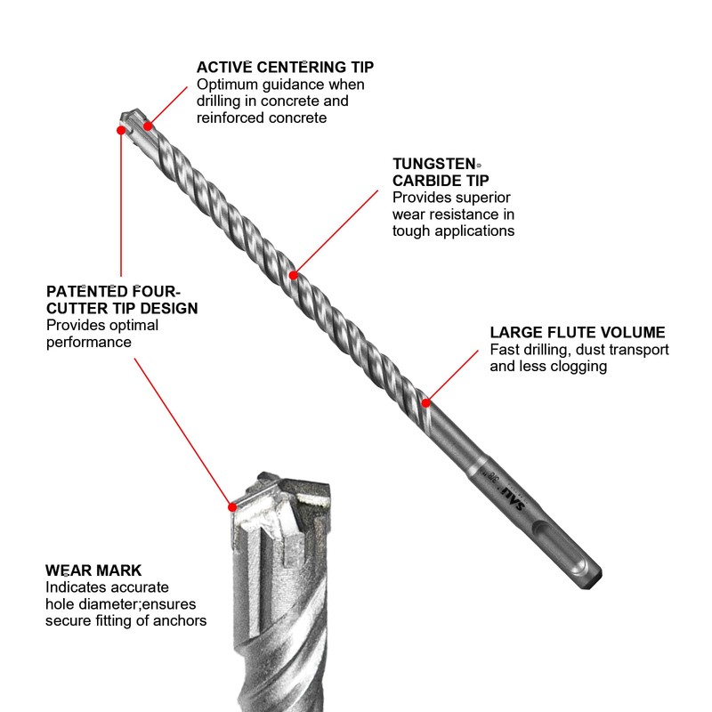 SALI 5 Pcs 5/8"*12" SDS Plus Rotary Hammer Drill Bit