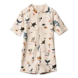 Boys One Piece Bathing Suit Short Sleeve Swimsuit Zipper Rash Guard Sunsuit Dolphin Swimwear Whale Beach Wear UPF50+