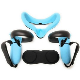 TNE Accessories Bundle Kit for Oculus Quest 1 VR Headset & Controllers | Headphones/Earphones, Silicone Face Cushion Cover, Grip Case, Knuckle Hand Strap, Lens Cover Pad, Thumbstick Caps (Light Blue)