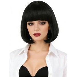 Tereshar Black Bob Wig with Bangs for Women Short Straight Heat Resistant Synthetic Bob Wigs for Daily Party Costume Cosplay Halloween or Fun（Black）