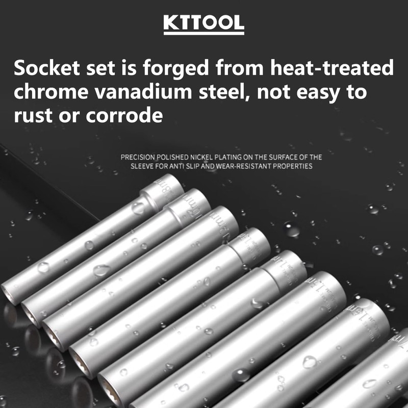 KTTOOL 7PCS Deep Metric Socket Set 3/8-Inch Drive 12PT 8-10-12-13-14MM