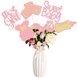 Gyufise 12Pcs Baby Shower Centerpiece Sticks Glitter Tie Onesie Oh Baby Gender Reveal It's a Girl Table Centerpiece Sticks for Baby Shower Gender Reveal Kids Birthday Party Supplies Pink
