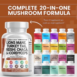 Clean Nutraceuticals Lions Mane 20in1 Mushroom Supplement with Turkey Tail Reishi Cordyceps Chaga Maitake Meshima Poria Cocos Shiitake Oyster Porcini Enoki - 2Pack