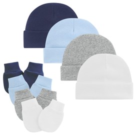 Baby Hats and Mittens Set Newborn Essentials Beanie Newborn Infant Hats for Baby Boys Girls White & Light Blue & Navy & Gray