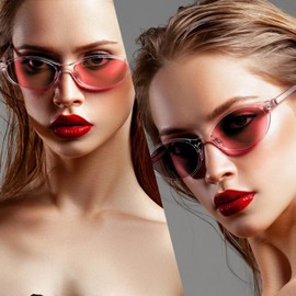 NSODREEM Oval Sunglasses for Women Retro Cat Eye 90s y2k Trendy Thin Sunglasses Womens UV Protection (Transparent Frame + Pink Lens)