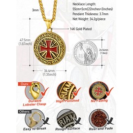 FaithHeart Knights Templar Cross Necklace Gold Plated Templar Order Seals Pendant Catholic Jewellery Stainless Steel Chain 55cm+5cm, Baptism Gifts for Kids