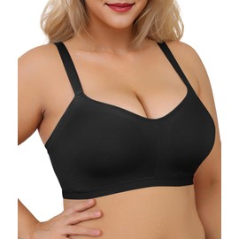 SHAPERX Women's Comfortable Wireless T-Shirt Bra Seamless Lightly Lined V Neck Bralette with Full Coverage for Everyday Wear,SZ9116-Black-XL
