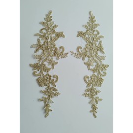 2 Pieces Extra Large Embroidered Bridal Lace Applique Trim Motif with Corded #41A (Light Metallic Gold)